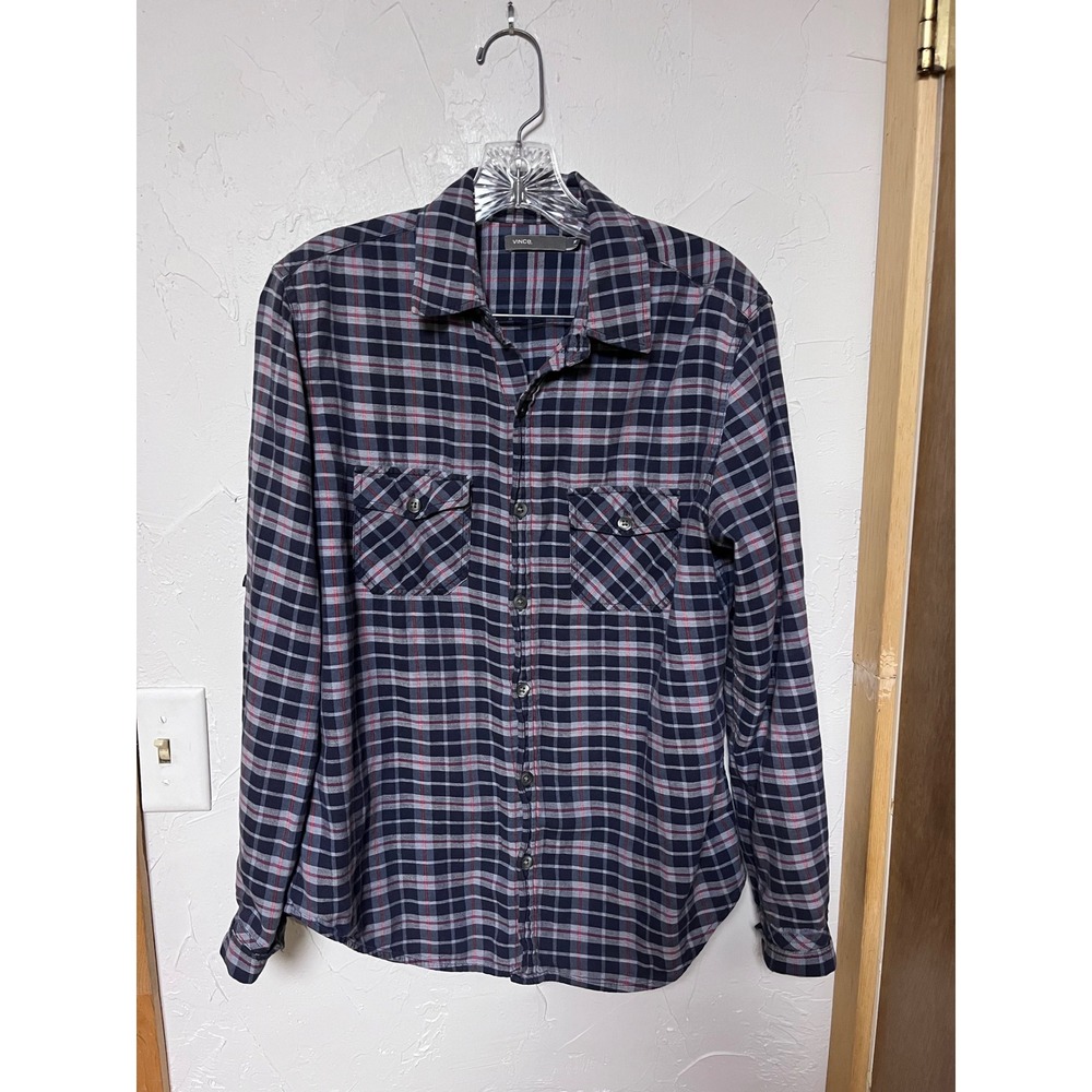 Vince Mens Plaid Long Sleeve Button Down Shirt Size M Navy‎ Red Casual